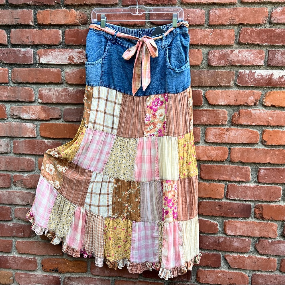 Young Threads Boho Patchwork Ruffled Denim Prairie Skirt - Picture 8 of 8